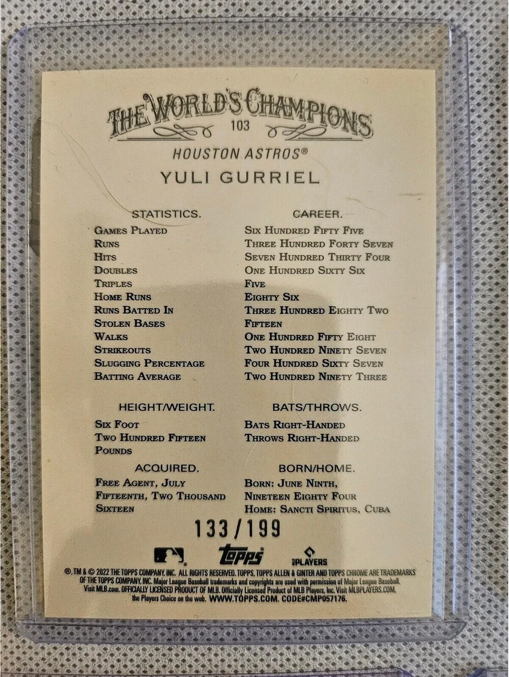 Yuli Gurriel 2022 Topps Allen & Ginter Pink Chrome Refractor #103 - No./199